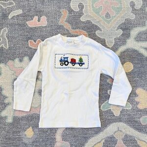 Kids Long Sleeve White Shirt with Smocked Christmas  Train Design